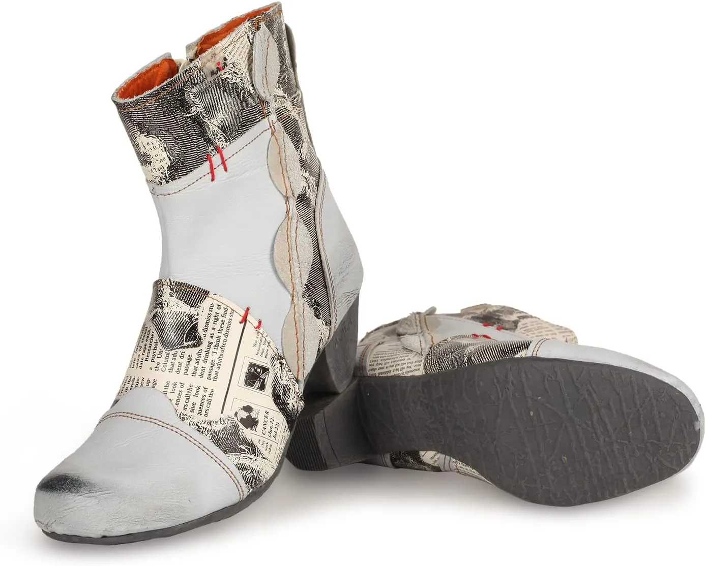 TMA EYES Newsprint Patchwork Leather Women's Heel Boots