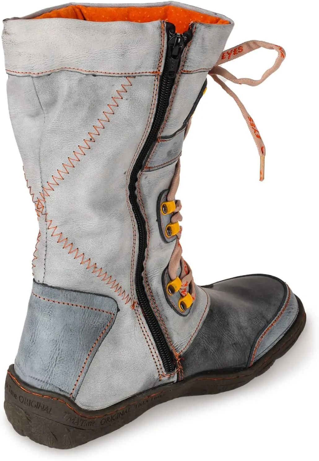 TMA EYES Patchwork Stitch-Detail PU Leather Mid-Calf Women's Boot