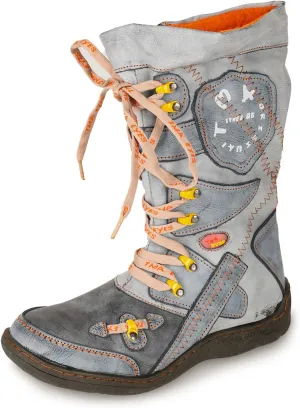 TMA EYES Patchwork Stitch-Detail PU Leather Mid-Calf Women's Boot