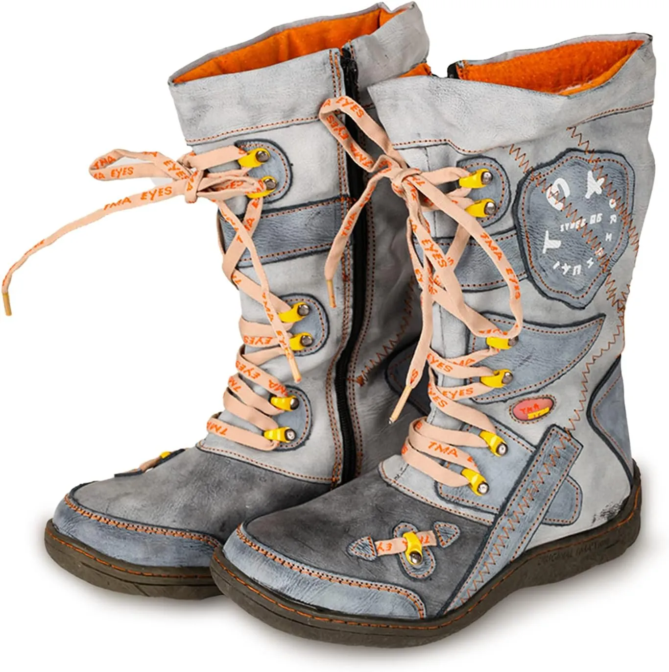 TMA EYES Patchwork Stitch-Detail PU Leather Mid-Calf Women's Boot