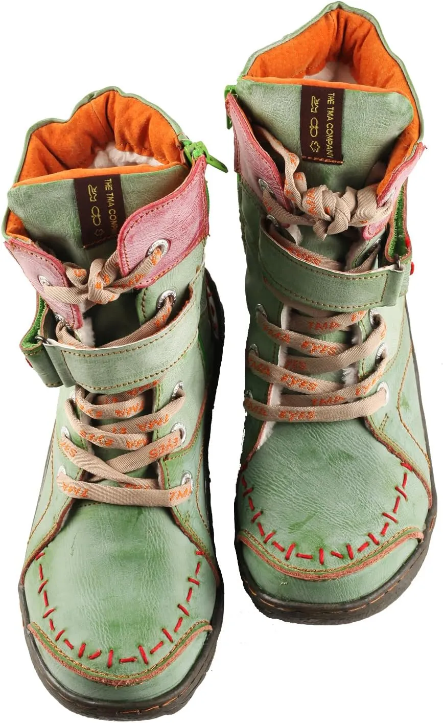 TMA EYES Women's lace-up leather casual ankle boots fashion non-slip and patchwork with handstitching upper Boots