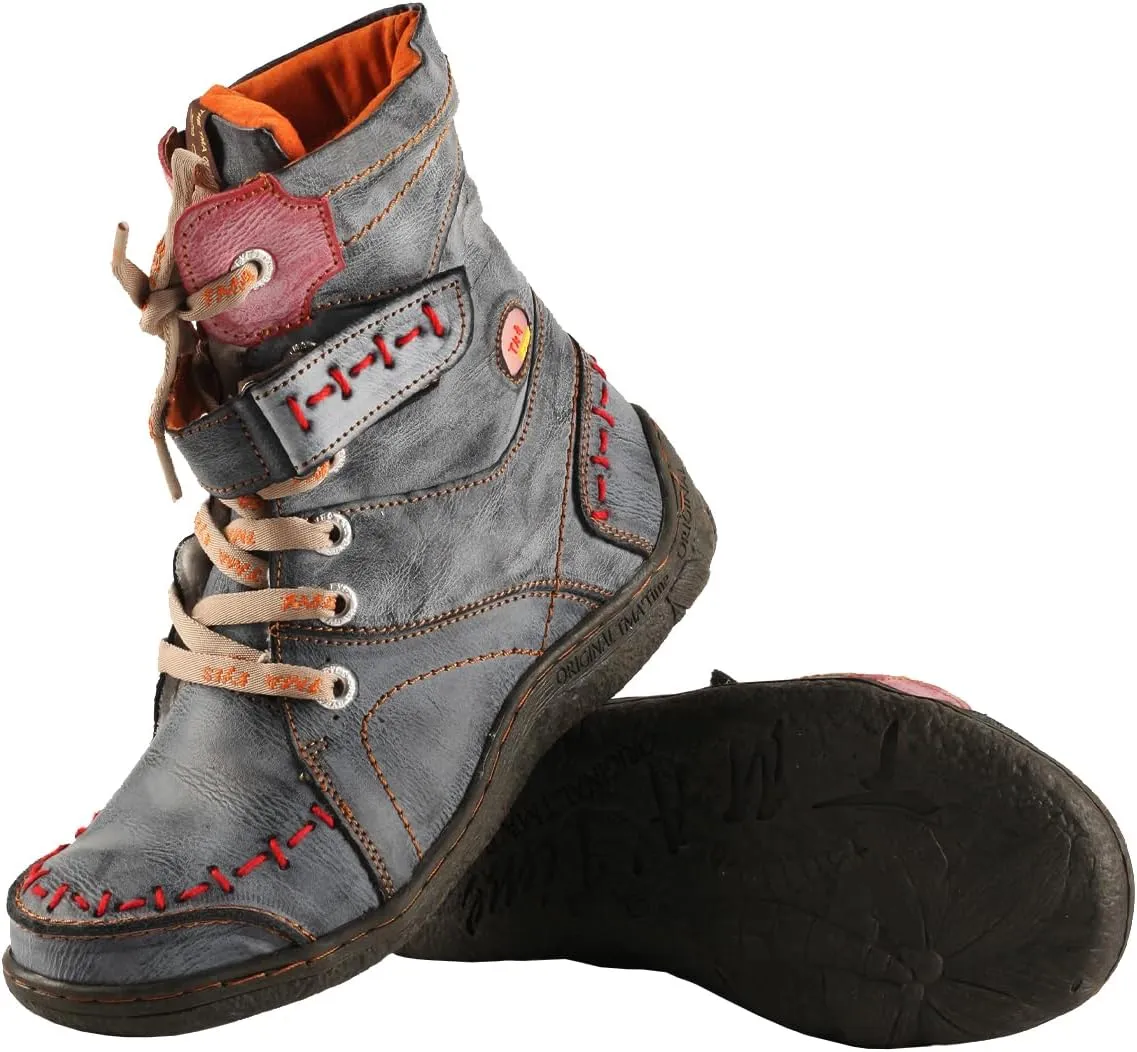 TMA EYES Women's lace-up leather casual ankle boots fashion non-slip and patchwork with handstitching upper Boots