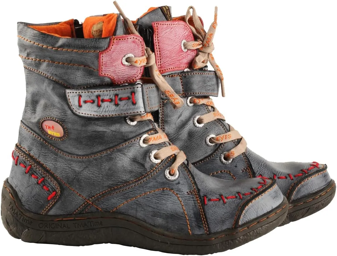 TMA EYES Women's lace-up leather casual ankle boots fashion non-slip and patchwork with handstitching upper Boots