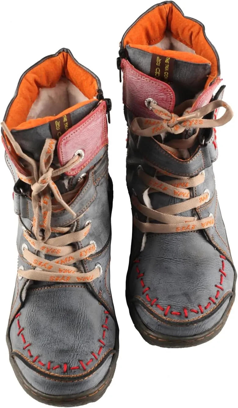 TMA EYES Women's lace-up leather casual ankle boots fashion non-slip and patchwork with handstitching upper Boots