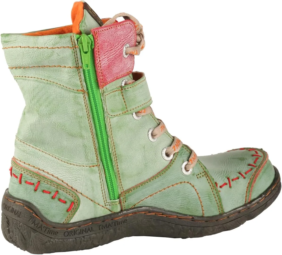 TMA EYES Women's lace-up leather casual ankle boots fashion non-slip and patchwork with handstitching upper Boots