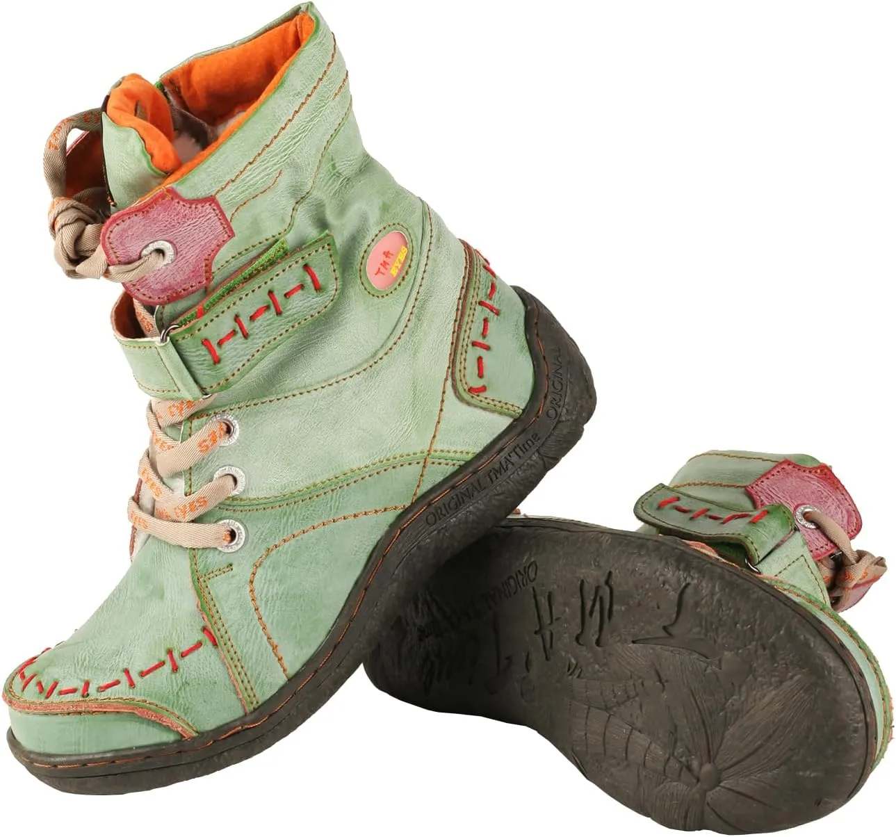 TMA EYES Women's lace-up leather casual ankle boots fashion non-slip and patchwork with handstitching upper Boots