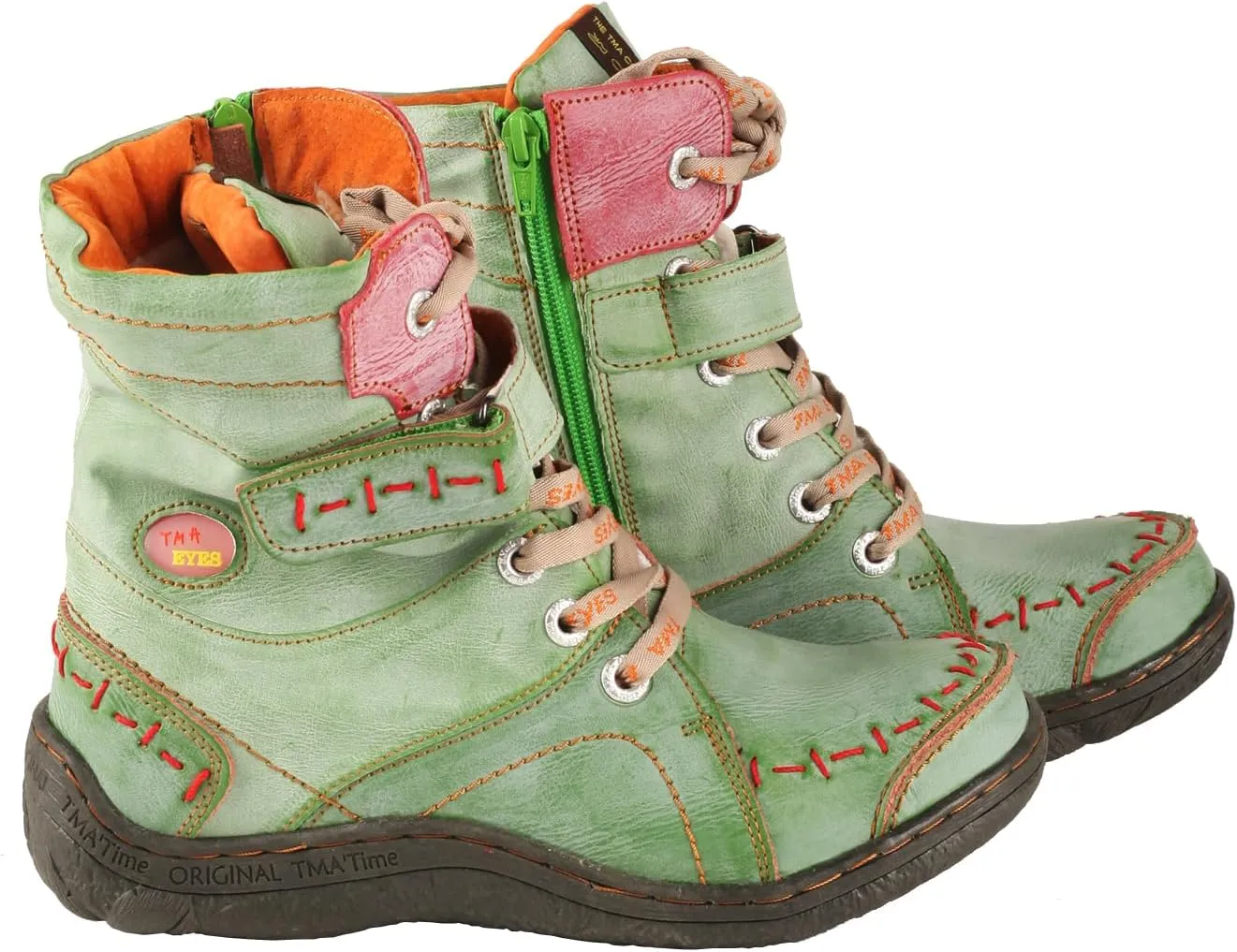 TMA EYES Women's lace-up leather casual ankle boots fashion non-slip and patchwork with handstitching upper Boots