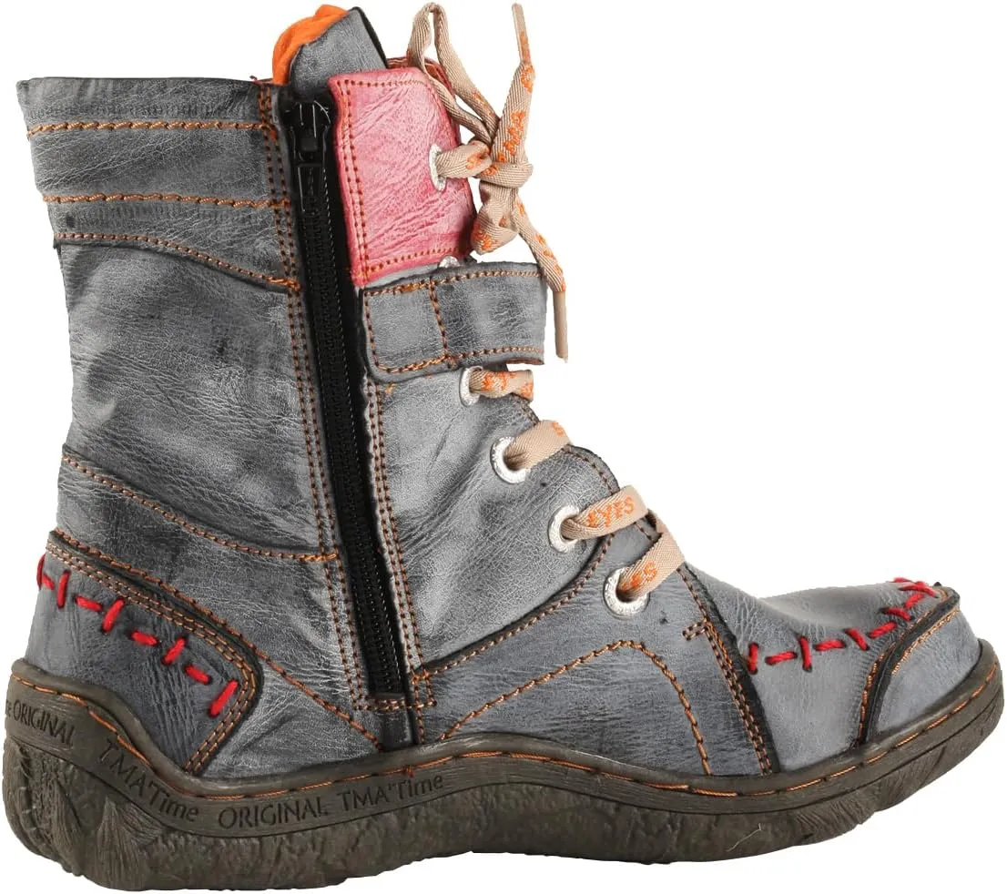 TMA EYES Women's lace-up leather casual ankle boots fashion non-slip and patchwork with handstitching upper Boots