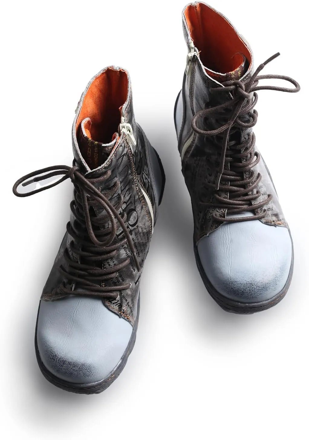 TMA EYES Women's Leather Ankle Boots Lace-Up Patchwork Letter Printing Leather Boots for Women
