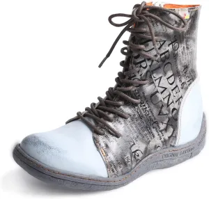 TMA EYES Women's Leather Ankle Boots Lace-Up Patchwork Letter Printing Leather Boots for Women