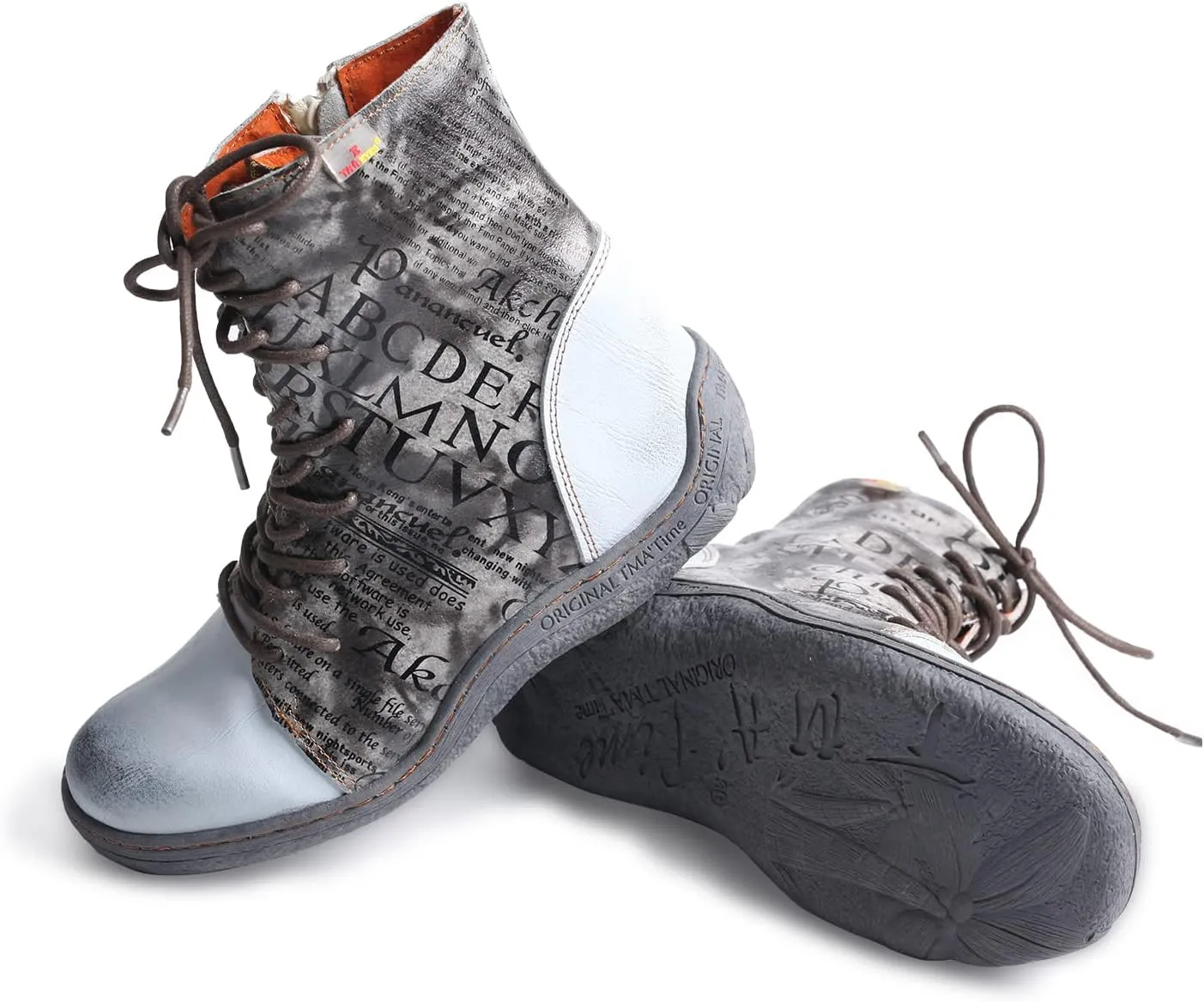 TMA EYES Women's Leather Ankle Boots Lace-Up Patchwork Letter Printing Leather Boots for Women