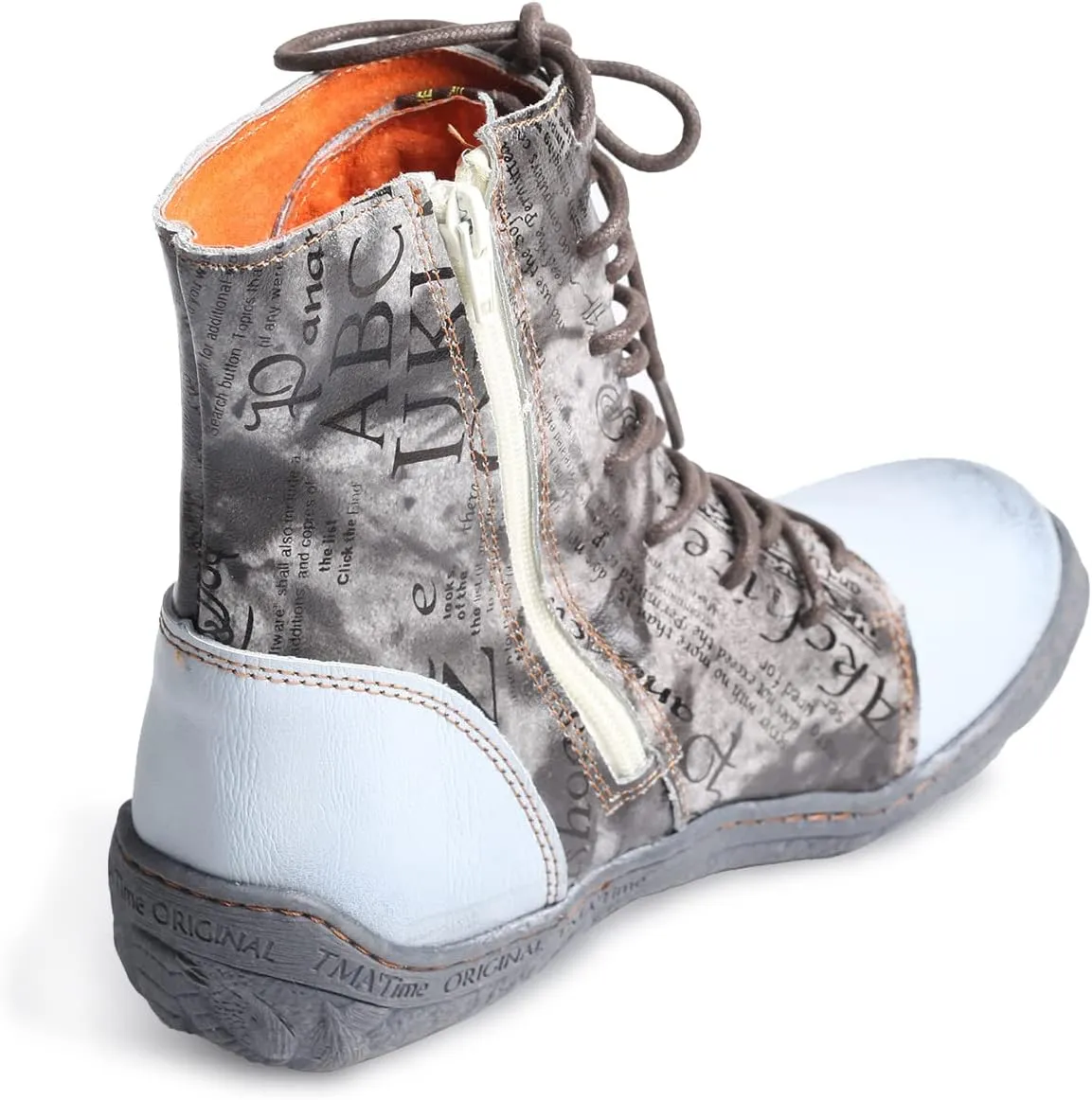 TMA EYES Women's Leather Ankle Boots Lace-Up Patchwork Letter Printing Leather Boots for Women