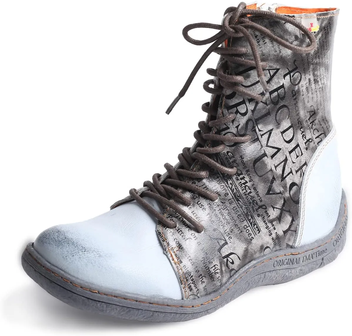 TMA EYES Women's Leather Ankle Boots Lace-Up Patchwork Letter Printing Leather Boots for Women