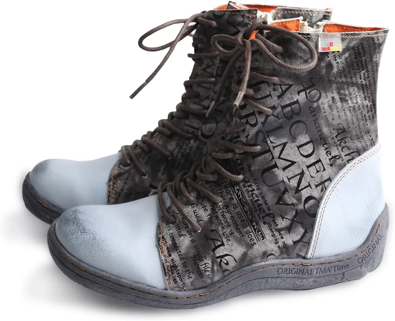 TMA EYES Women's Leather Ankle Boots Lace-Up Patchwork Letter Printing Leather Boots for Women