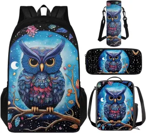 TOADDITDO Owl School Bag and Lunch Box Set for Girls 4 Pcs Backpack Set with Water Bottle Holder Pencil Bag Elementary 4th Grade Book Bags 8-10 Kids Large Camping Rucksack Daycare Bag Laptop Backpacks