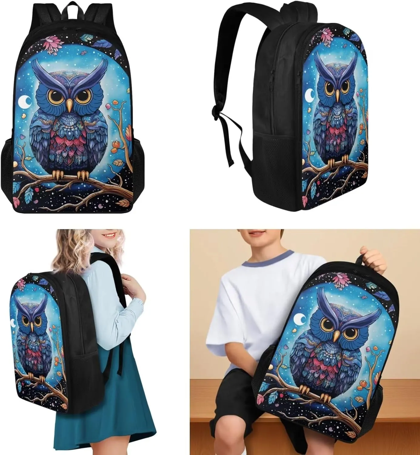 TOADDITDO Owl School Bag and Lunch Box Set for Girls 4 Pcs Backpack Set with Water Bottle Holder Pencil Bag Elementary 4th Grade Book Bags 8-10 Kids Large Camping Rucksack Daycare Bag Laptop Backpacks