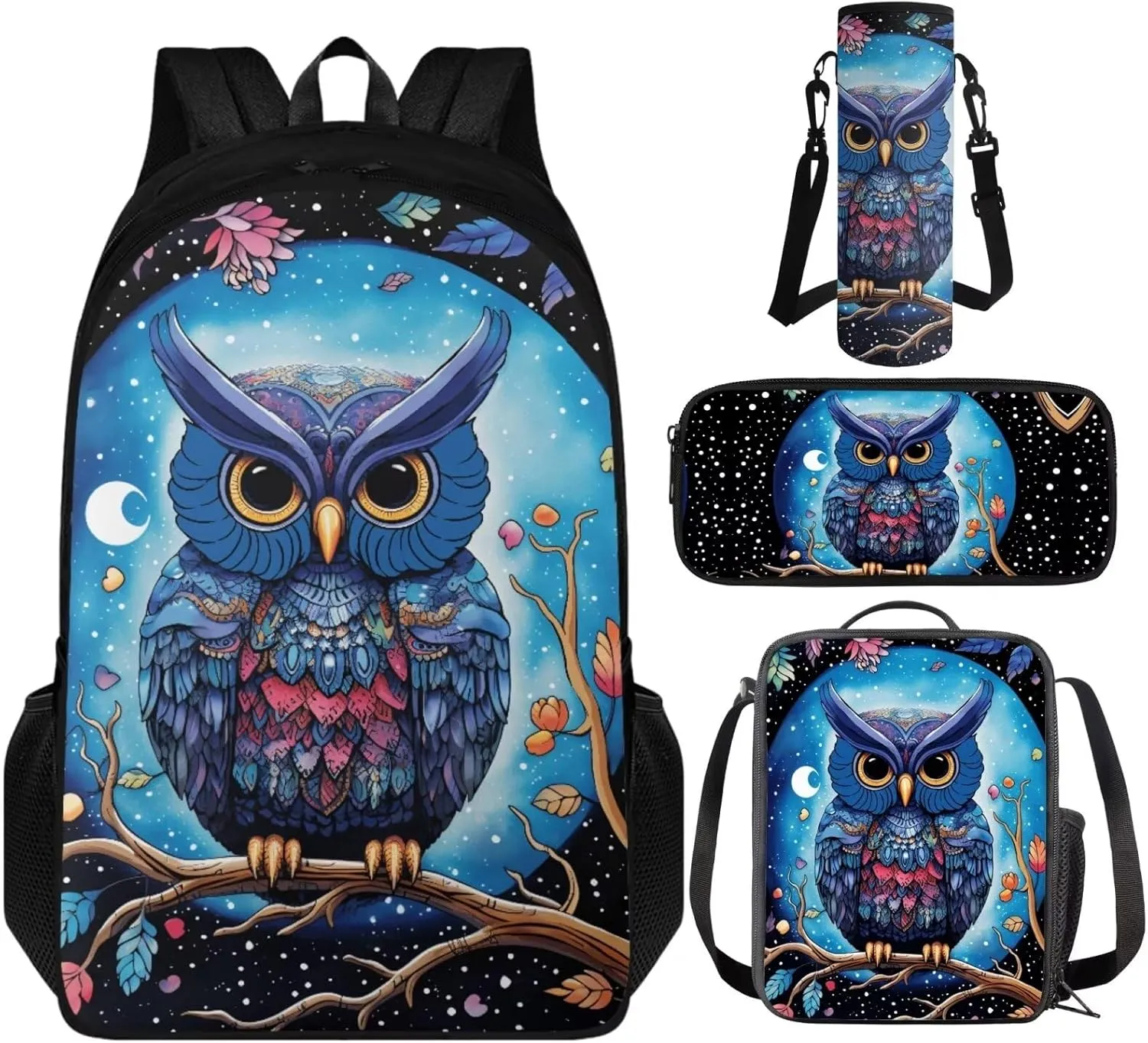 TOADDITDO Owl School Bag and Lunch Box Set for Girls 4 Pcs Backpack Set with Water Bottle Holder Pencil Bag Elementary 4th Grade Book Bags 8-10 Kids Large Camping Rucksack Daycare Bag Laptop Backpacks