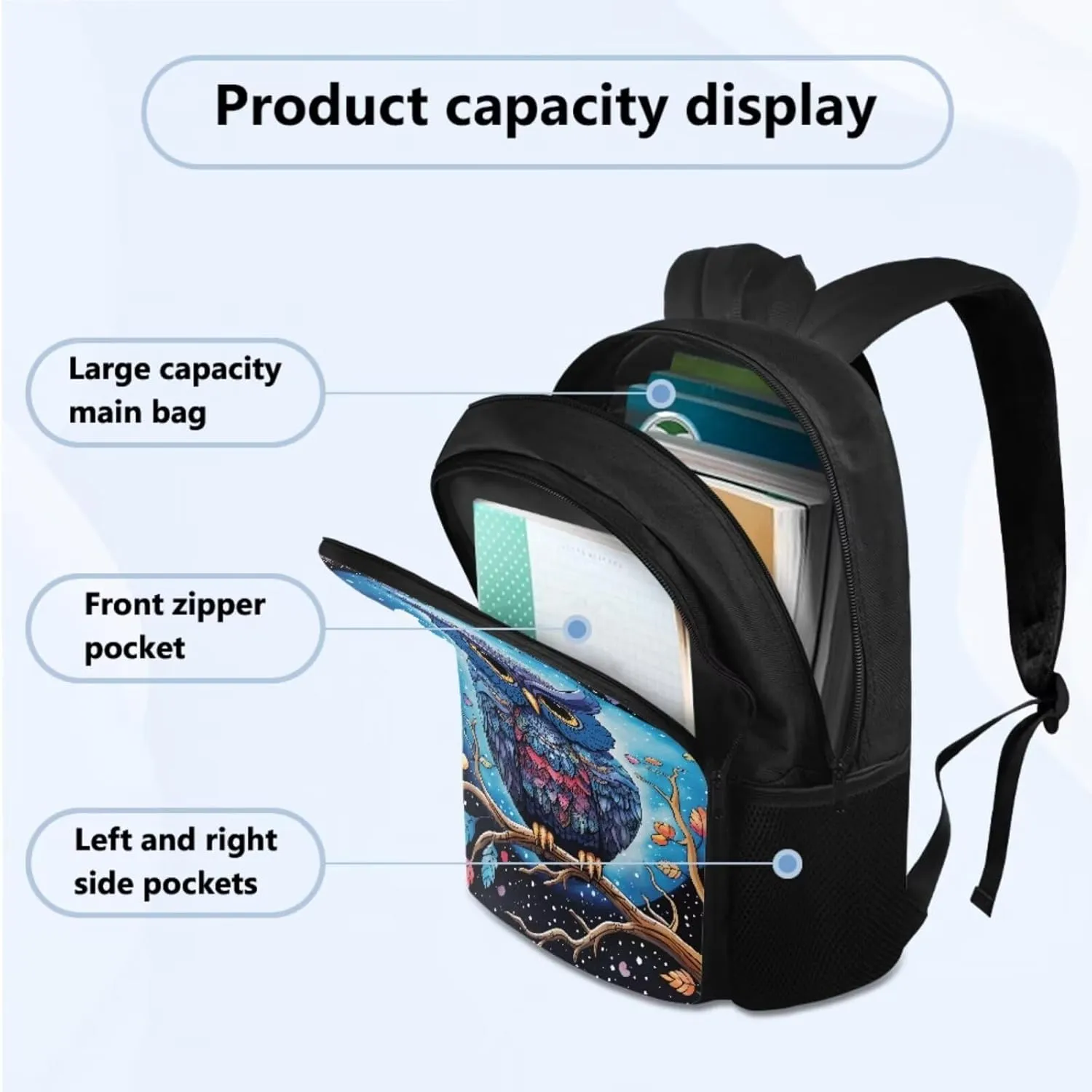 TOADDITDO Owl School Bag and Lunch Box Set for Girls 4 Pcs Backpack Set with Water Bottle Holder Pencil Bag Elementary 4th Grade Book Bags 8-10 Kids Large Camping Rucksack Daycare Bag Laptop Backpacks