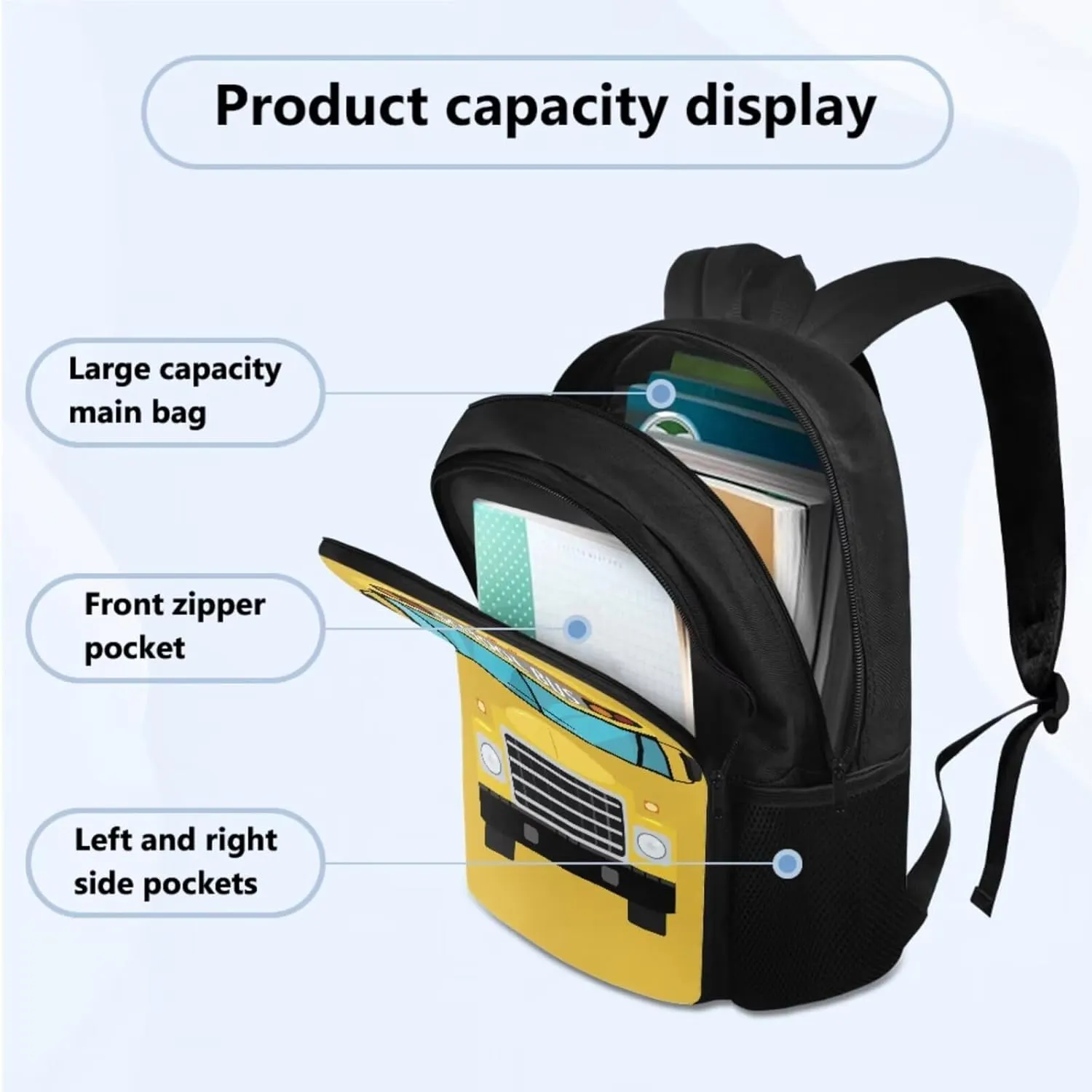 TOADDITDO School Bus Preschool Backpack Boys with Lunchbox Pencil Case Water Bottle Sleeve 6-8 Kids Large School Bag Kindergarten Hiking Camping Backpacks Lightweight Travel Duffel Bag Daycare Bags