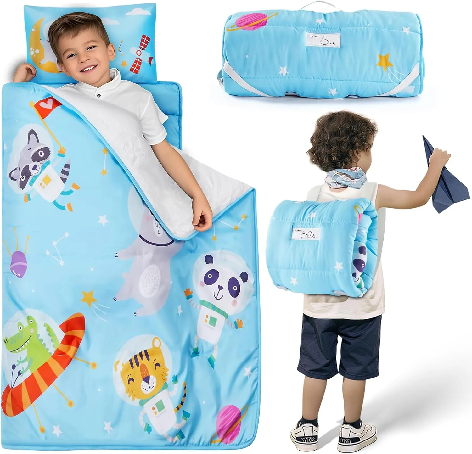 Toddler Nap Mat with Removable Pillow and Plush Blanket - 54" x 33"for Kids Ages 3-6 Years - Soft Kids Sleeping Bag for Toddlers - Roll Up Design Great for Preschool, Daycare