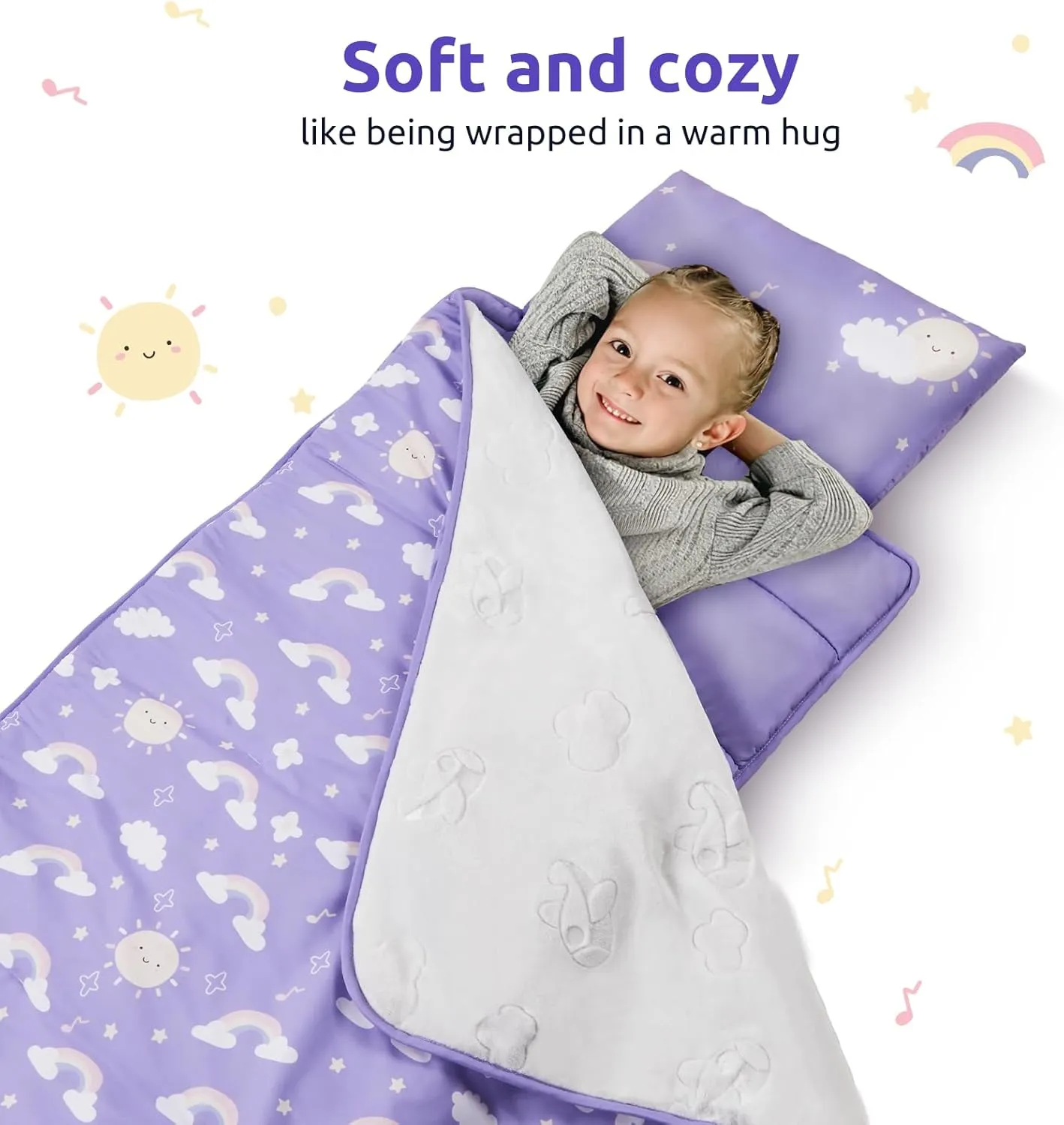 Toddler Nap Mat with Removable Pillow and Plush Blanket - 54" x 33"for Kids Ages 3-6 Years - Soft Kids Sleeping Bag for Toddlers - Roll Up Design Great for Preschool, Daycare