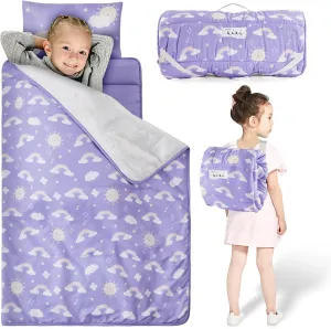 Toddler Nap Mat with Removable Pillow and Plush Blanket - 54" x 33"for Kids Ages 3-6 Years - Soft Kids Sleeping Bag for Toddlers - Roll Up Design Great for Preschool, Daycare