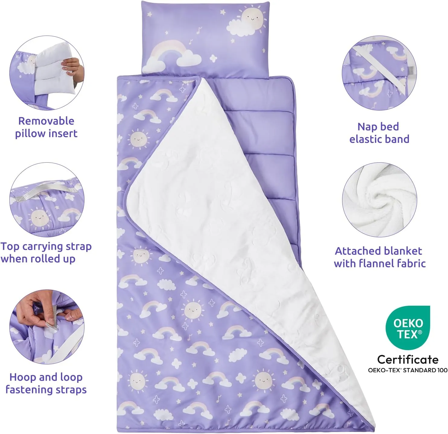 Toddler Nap Mat with Removable Pillow and Plush Blanket - 54" x 33"for Kids Ages 3-6 Years - Soft Kids Sleeping Bag for Toddlers - Roll Up Design Great for Preschool, Daycare