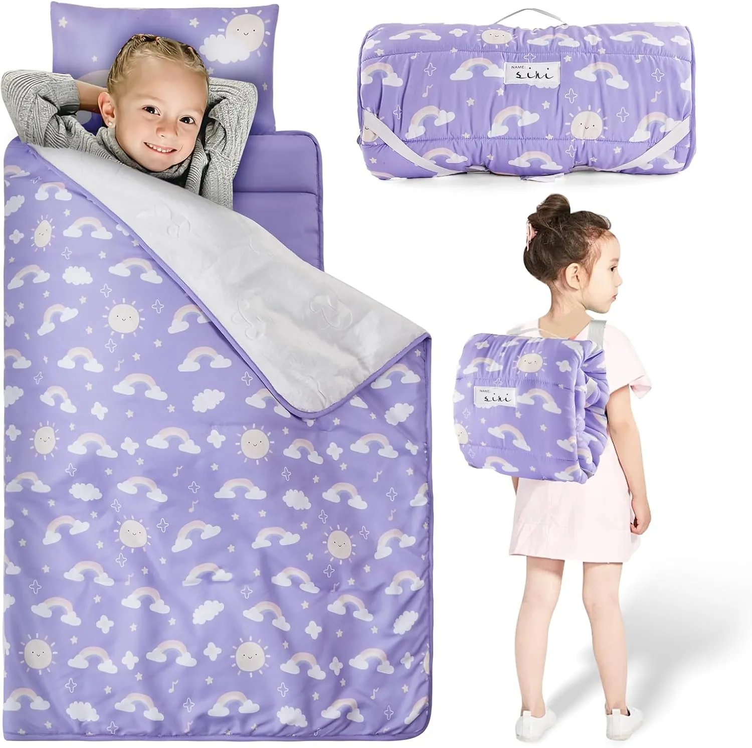 Toddler Nap Mat with Removable Pillow and Plush Blanket - 54" x 33"for Kids Ages 3-6 Years - Soft Kids Sleeping Bag for Toddlers - Roll Up Design Great for Preschool, Daycare