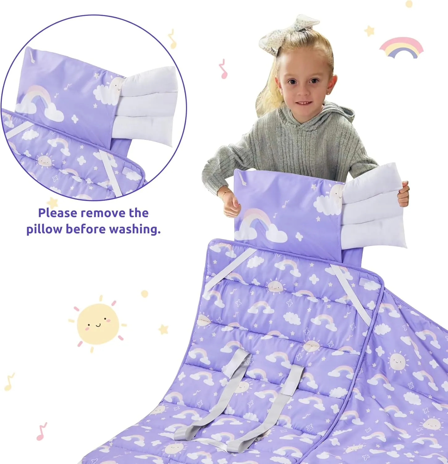 Toddler Nap Mat with Removable Pillow and Plush Blanket - 54" x 33"for Kids Ages 3-6 Years - Soft Kids Sleeping Bag for Toddlers - Roll Up Design Great for Preschool, Daycare