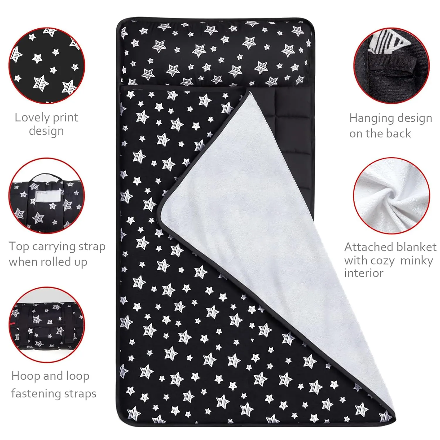 Toddler Sleeping Bag Nap Mat Black with Pillow and Fleece Blanket, Lightweight, Soft Perfect for Kids Preschool, Daycare, Travel Sleeping Bag Boys Girls, 21" x 50" Fit Standard Cot