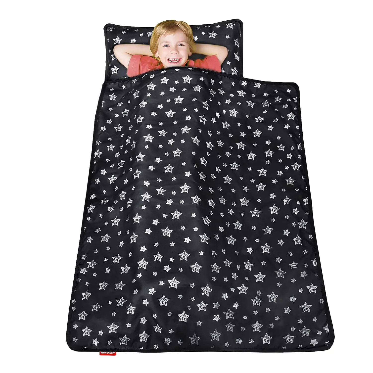 Toddler Sleeping Bag Nap Mat Black with Pillow and Fleece Blanket, Lightweight, Soft Perfect for Kids Preschool, Daycare, Travel Sleeping Bag Boys Girls, 21" x 50" Fit Standard Cot