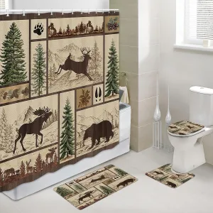 Torich Rustic Cabin Shower Curtain Set with Rugs, Forest Bear Deer Wildlife Country Hunting Camping Bathroom Accessories Sets Non-Slip Mats, Bath Curtains with Bath Mats and Toilet Lid Seat Cover