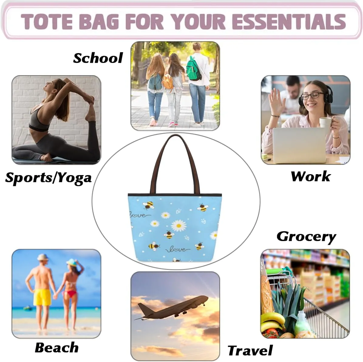 Tote Bag for Women with Zipper Large Capacity Top Handle Casual Shoulder Bag Handbag Reusable Shopping