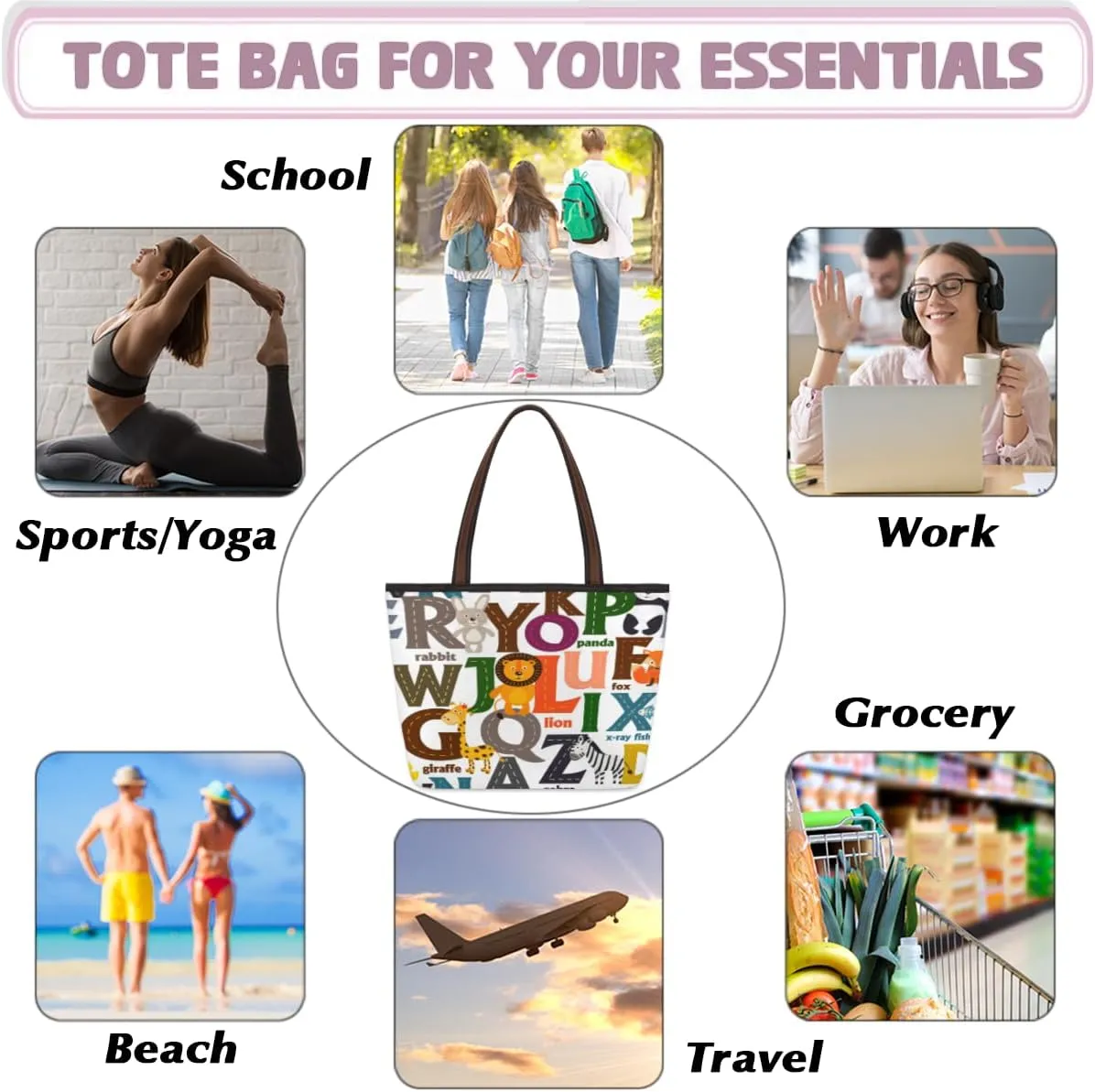 Tote Bag for Women with Zipper Large Capacity Top Handle Casual Shoulder Bag Handbag Reusable Shopping