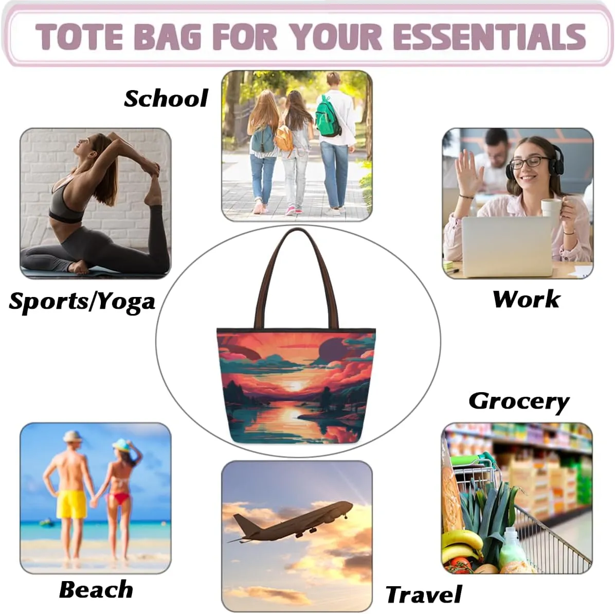 Tote Bag for Women with Zipper Large Capacity Top Handle Casual Shoulder Bag Handbag Reusable Shopping