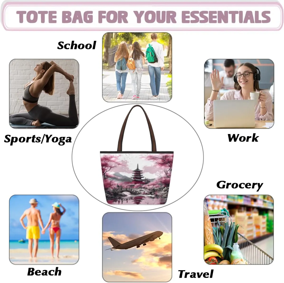 Tote Bag for Women with Zipper Large Capacity Top Handle Casual Shoulder Bag Handbag Reusable Shopping