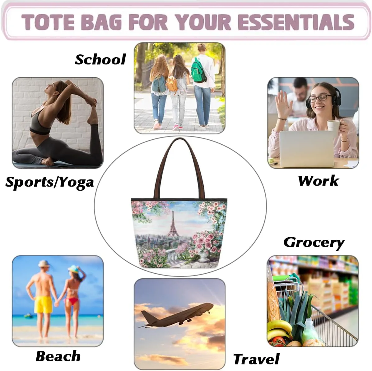 Tote Bag for Women with Zipper Large Capacity Top Handle Casual Shoulder Bag Handbag Reusable Shopping