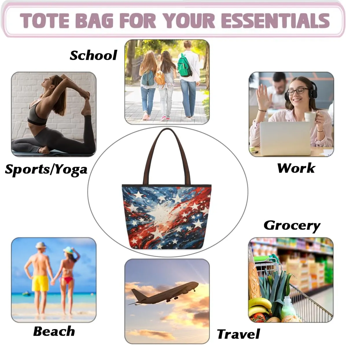 Tote Bag for Women with Zipper Large Capacity Top Handle Casual Shoulder Bag Handbag Reusable Shopping