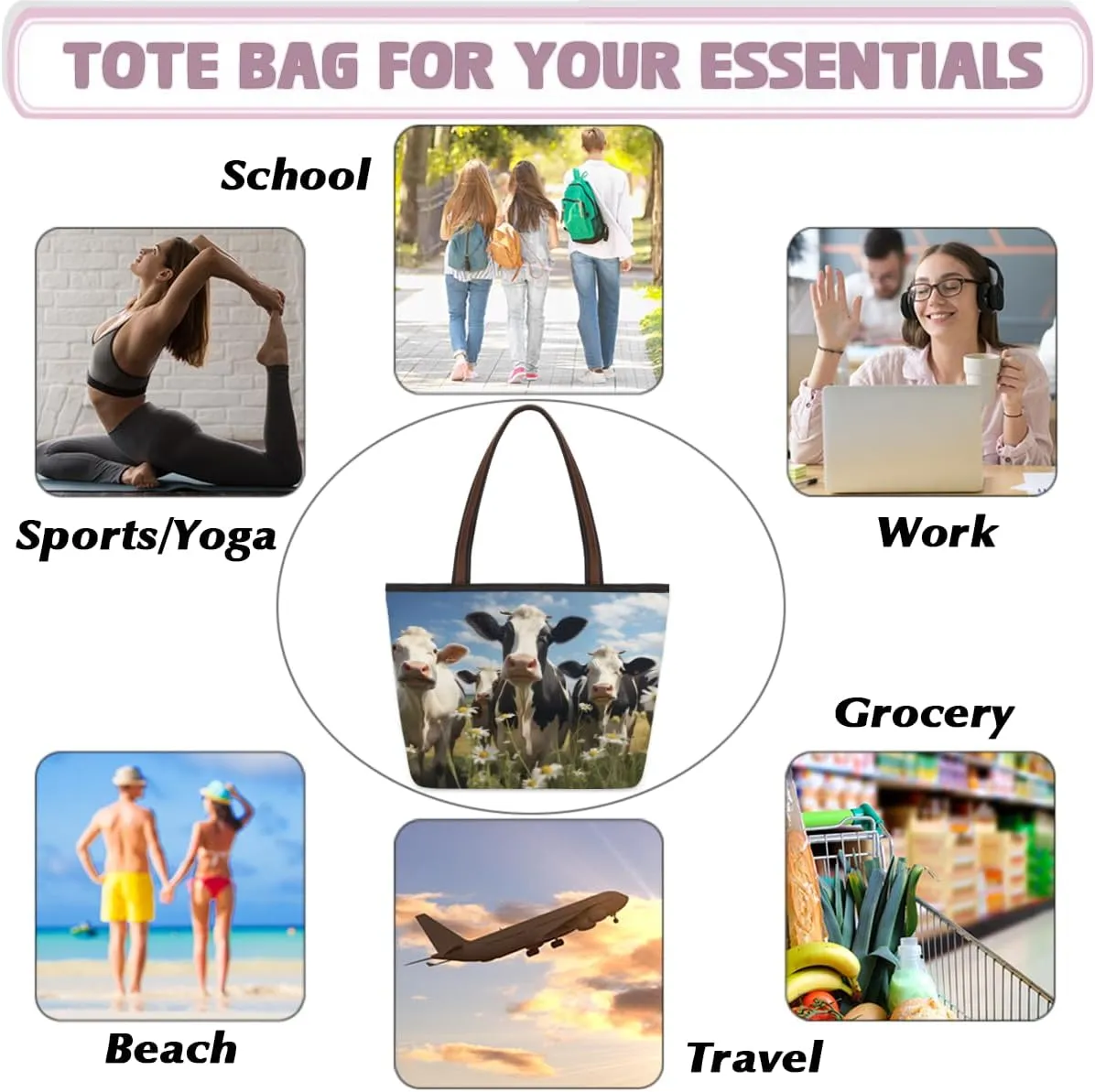Tote Bag for Women with Zipper Large Capacity Top Handle Casual Shoulder Bag Handbag Reusable Shopping