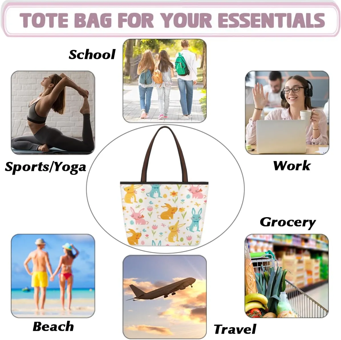 Tote Bag for Women with Zipper Large Capacity Top Handle Casual Shoulder Bag Handbag Reusable Shopping