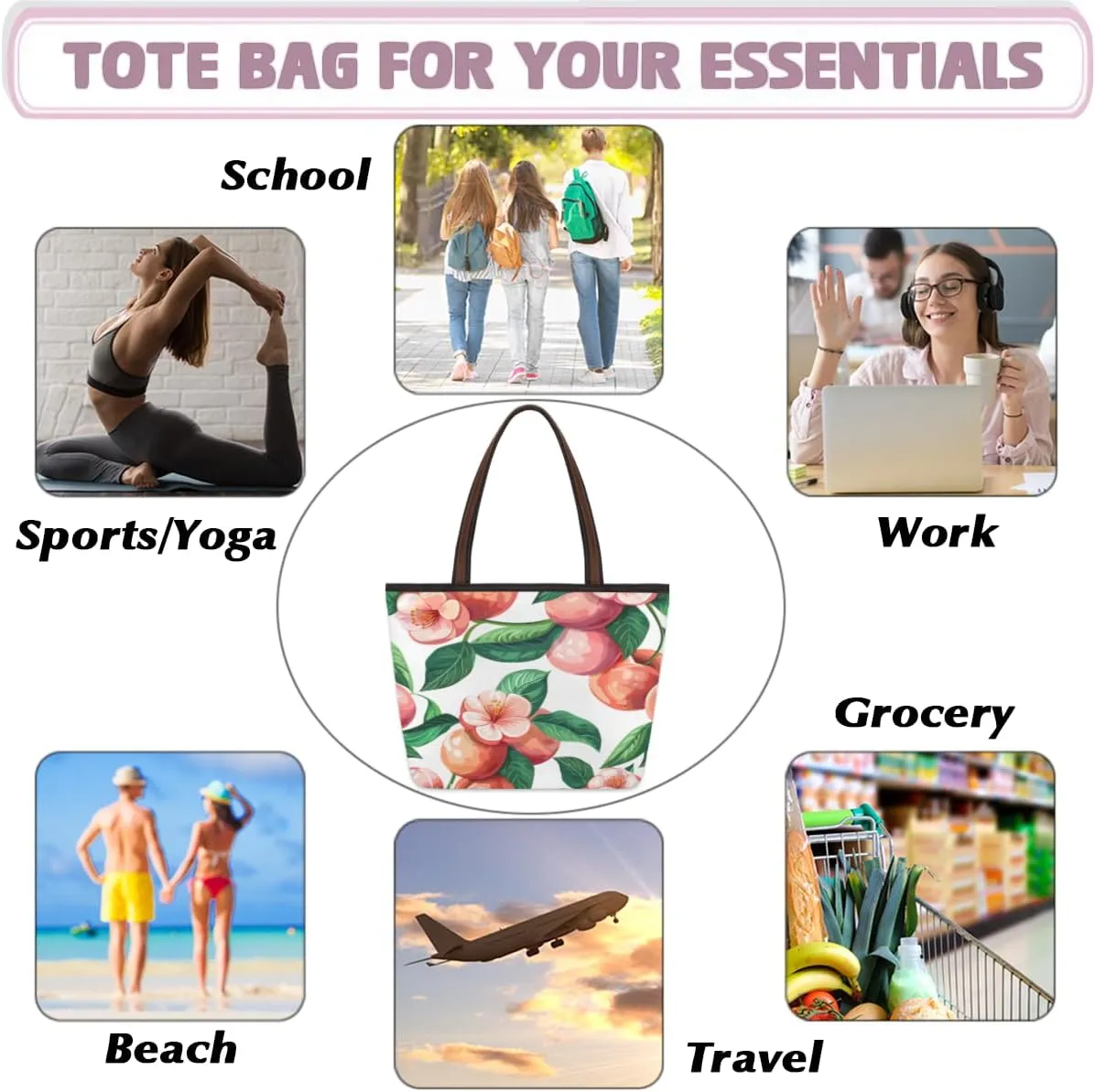 Tote Bag for Women with Zipper Large Capacity Top Handle Casual Shoulder Bag Handbag Reusable Shopping