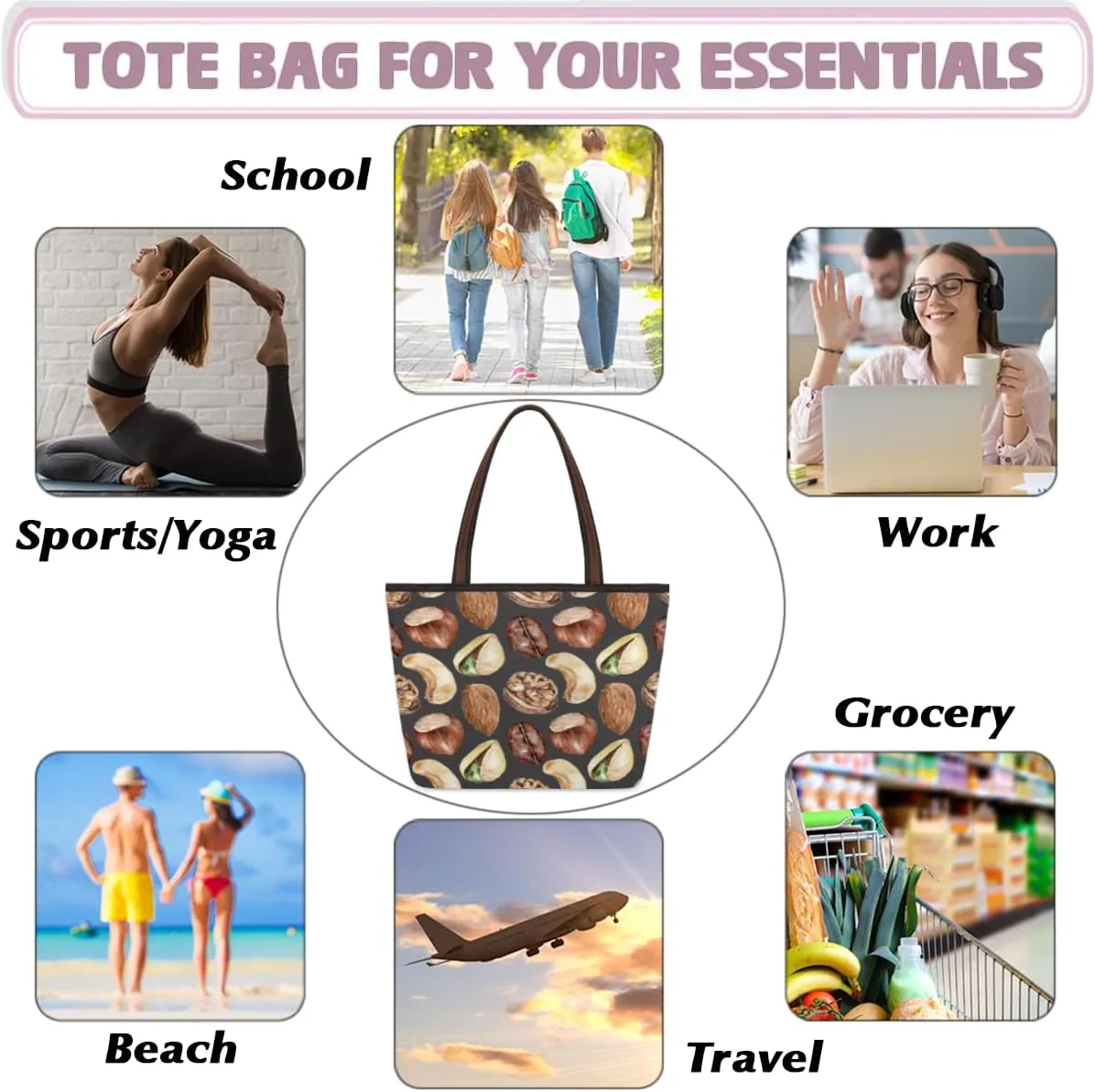 Tote Bag for Women with Zipper Large Capacity Top Handle Casual Shoulder Bag Handbag Reusable Shopping