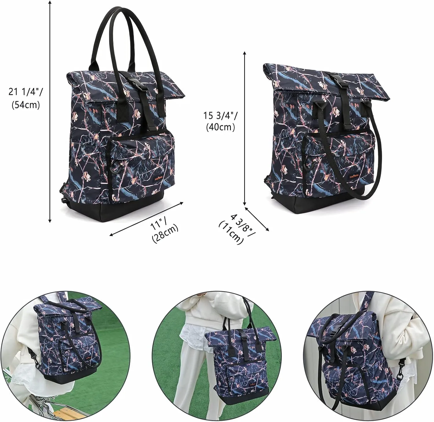 TOURBON Nylon Roll-top Clip-On Bike Panniers Women's Shoulder Tote Bag (Camo)