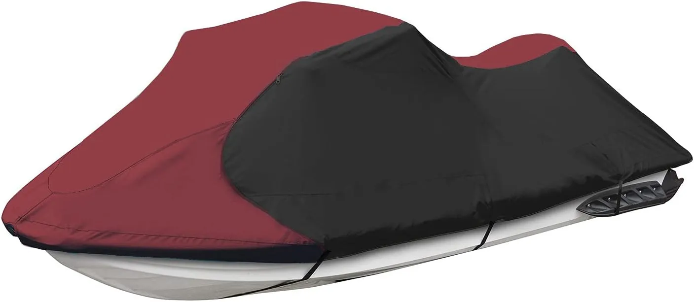 Trailerable Jet Ski Cover, Waterproof Marine Grade 600D Heavy Duty Polyester PWC Cover Burgundy/Black Fits from 126"-135" 3 Seater