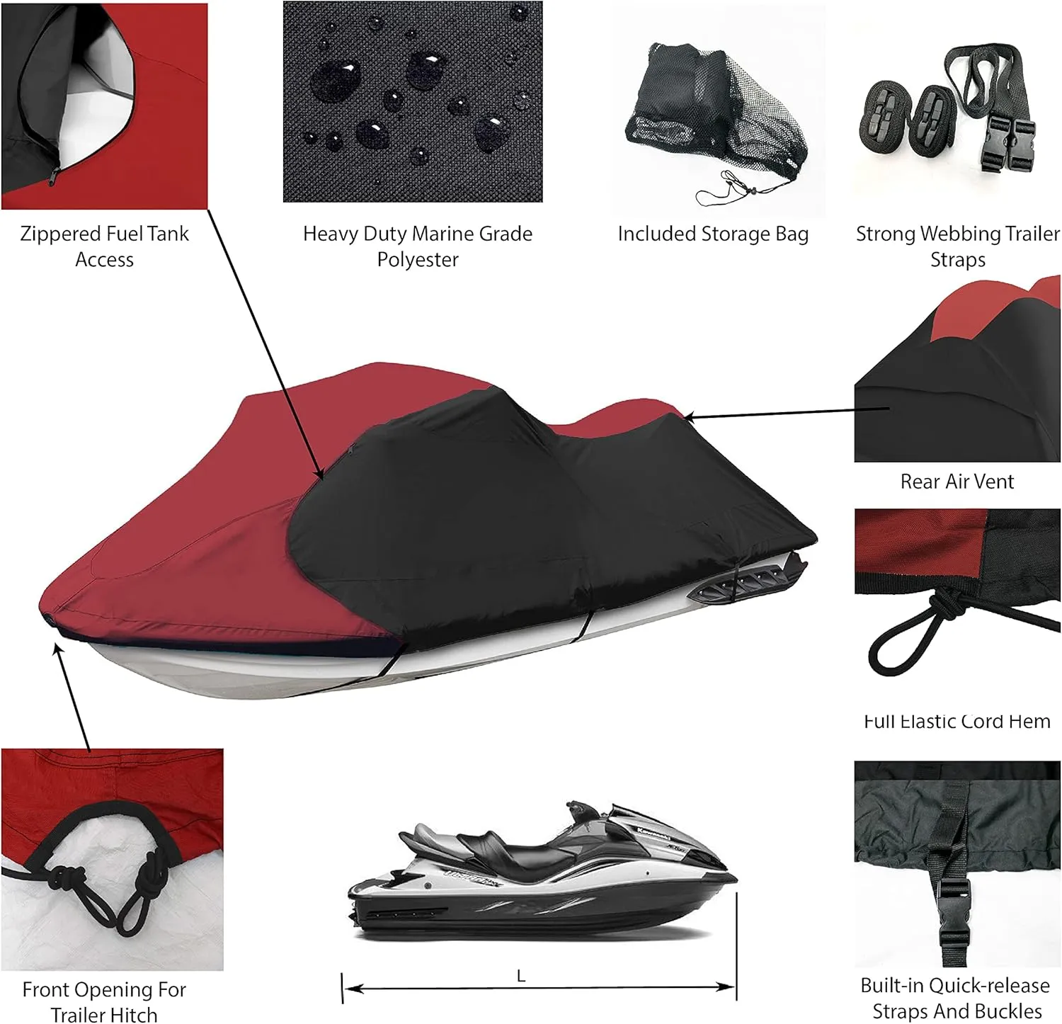 Trailerable Jet Ski Cover, Waterproof Marine Grade 600D Heavy Duty Polyester PWC Cover Burgundy/Black Fits from 126"-135" 3 Seater