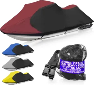 Trailerable Jet Ski Cover, Waterproof Marine Grade 600D Heavy Duty Polyester PWC Cover Burgundy/Black Fits from 126"-135" 3 Seater