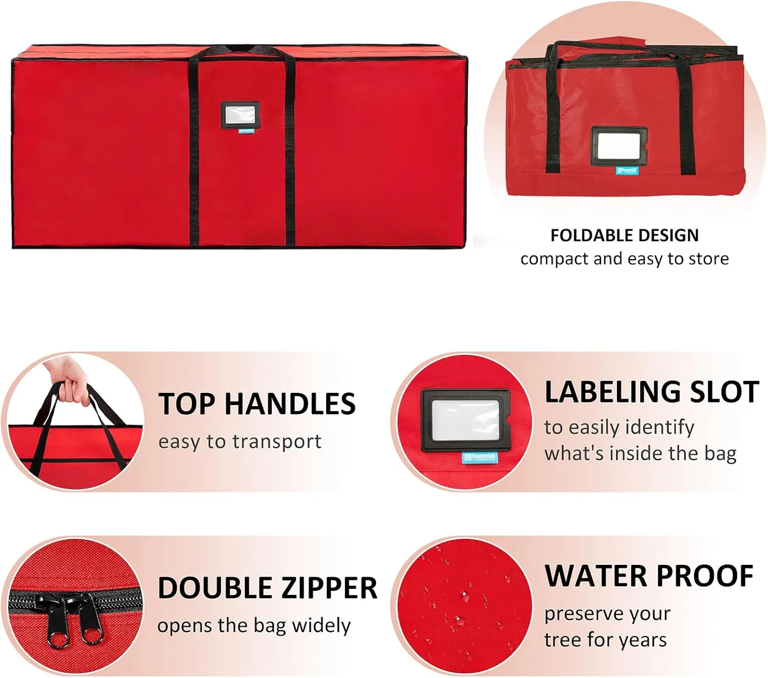 Tree Storage Bag, Waterproof Christmas Tree Storage, Fits Up to 9 ft Tall Artificial Disassembled Trees,Extra Large Heavy Duty Storage Container with Handles (Red, 65"x15"x30")