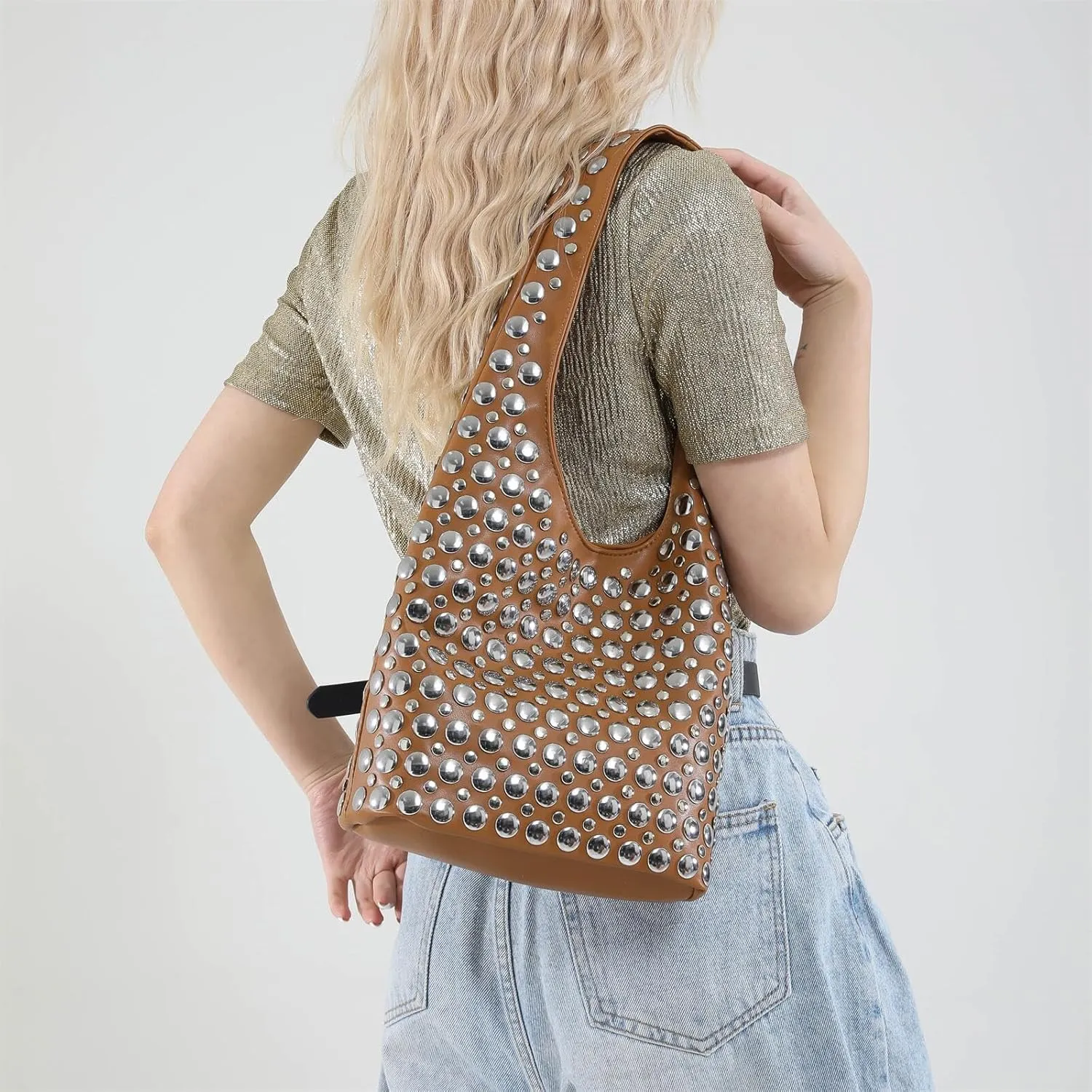 Trendy Punk Studded Shoulder Bag Vegan Leather Bucket Hobo Handbag for Women Y2K Fashion Tote Purse