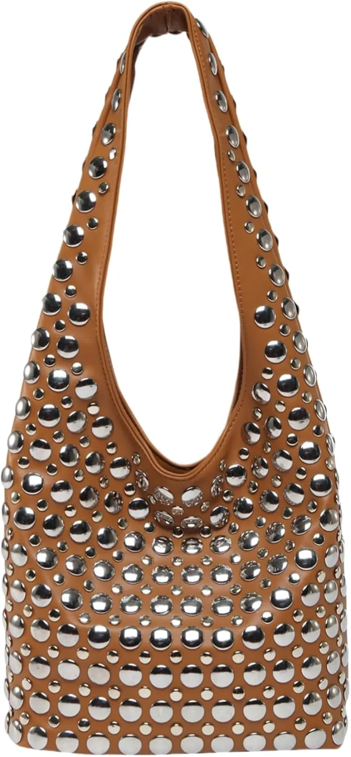 Trendy Punk Studded Shoulder Bag Vegan Leather Bucket Hobo Handbag for Women Y2K Fashion Tote Purse