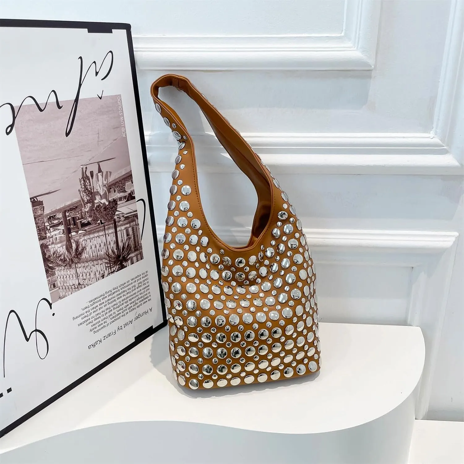 Trendy Punk Studded Shoulder Bag Vegan Leather Bucket Hobo Handbag for Women Y2K Fashion Tote Purse